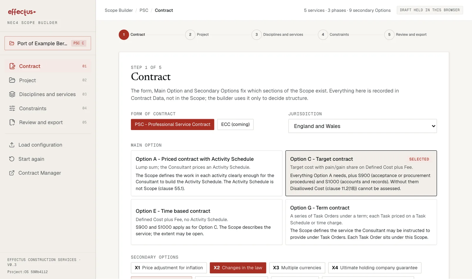 NEC4 Scope Builder, step 1: choosing the form of contract, main Option and secondary Options
